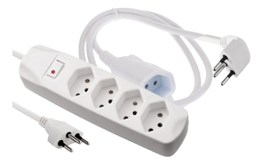 Weiße Steckdosenleiste mit vier Steckdosen und einem roten Ein-/Ausschalter. Hat zwei Stecker.