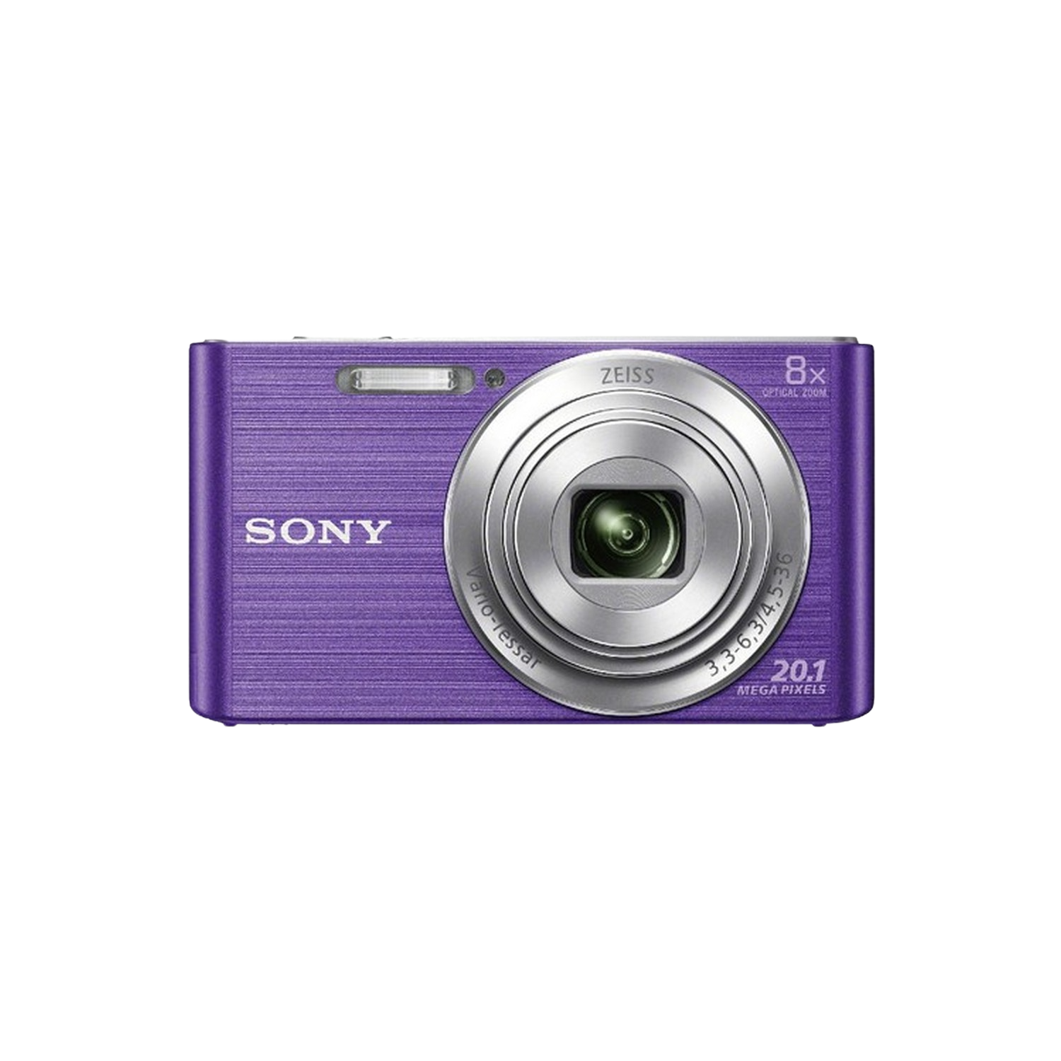 Cámara Sony morada con lente plateada. Dice 'SONY' y 'ZEISS' con zoom óptico 8x.