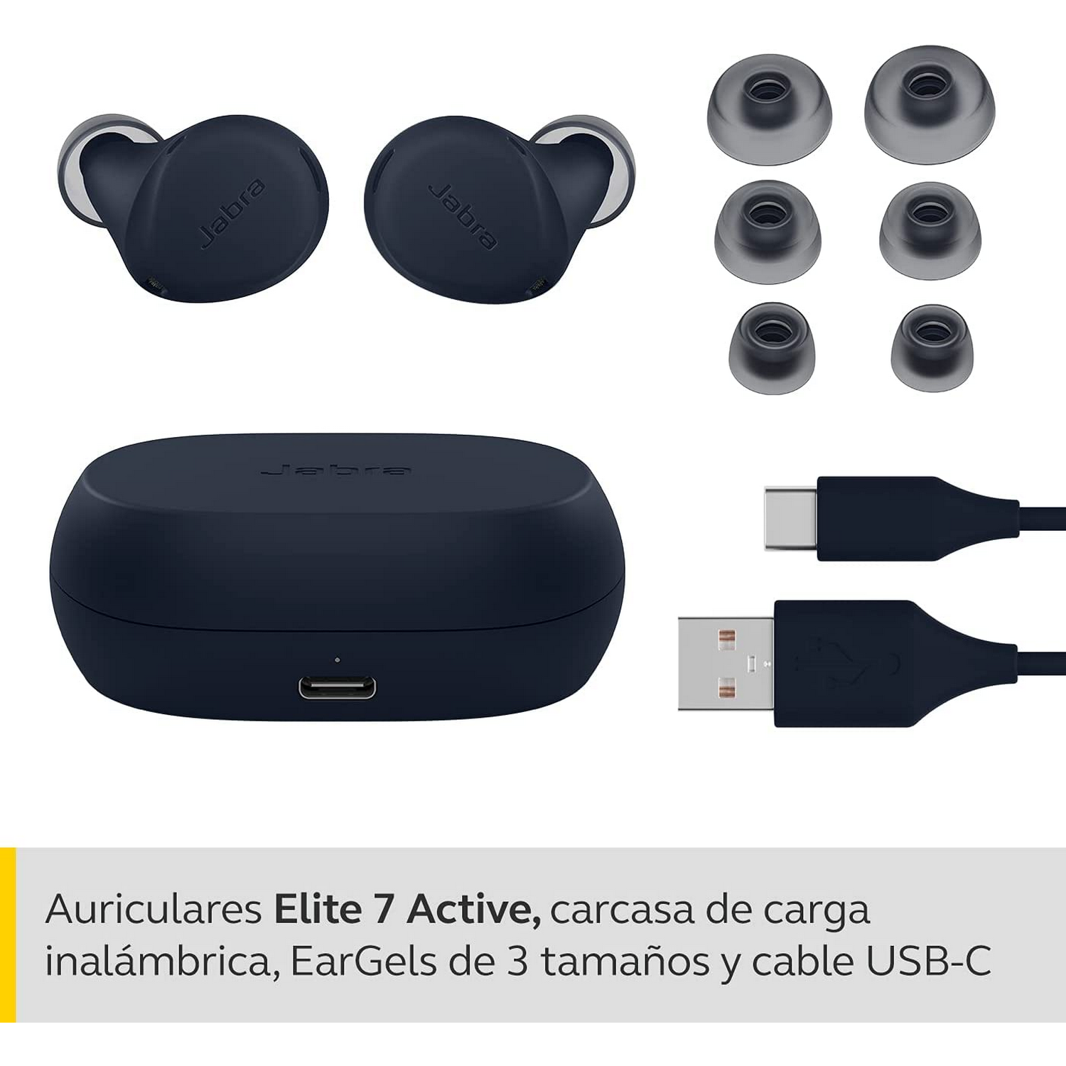 Auriculares, estuche de carga y accesorios. Los auriculares son azul oscuro. Incluye cable de carga y puntas adicionales.