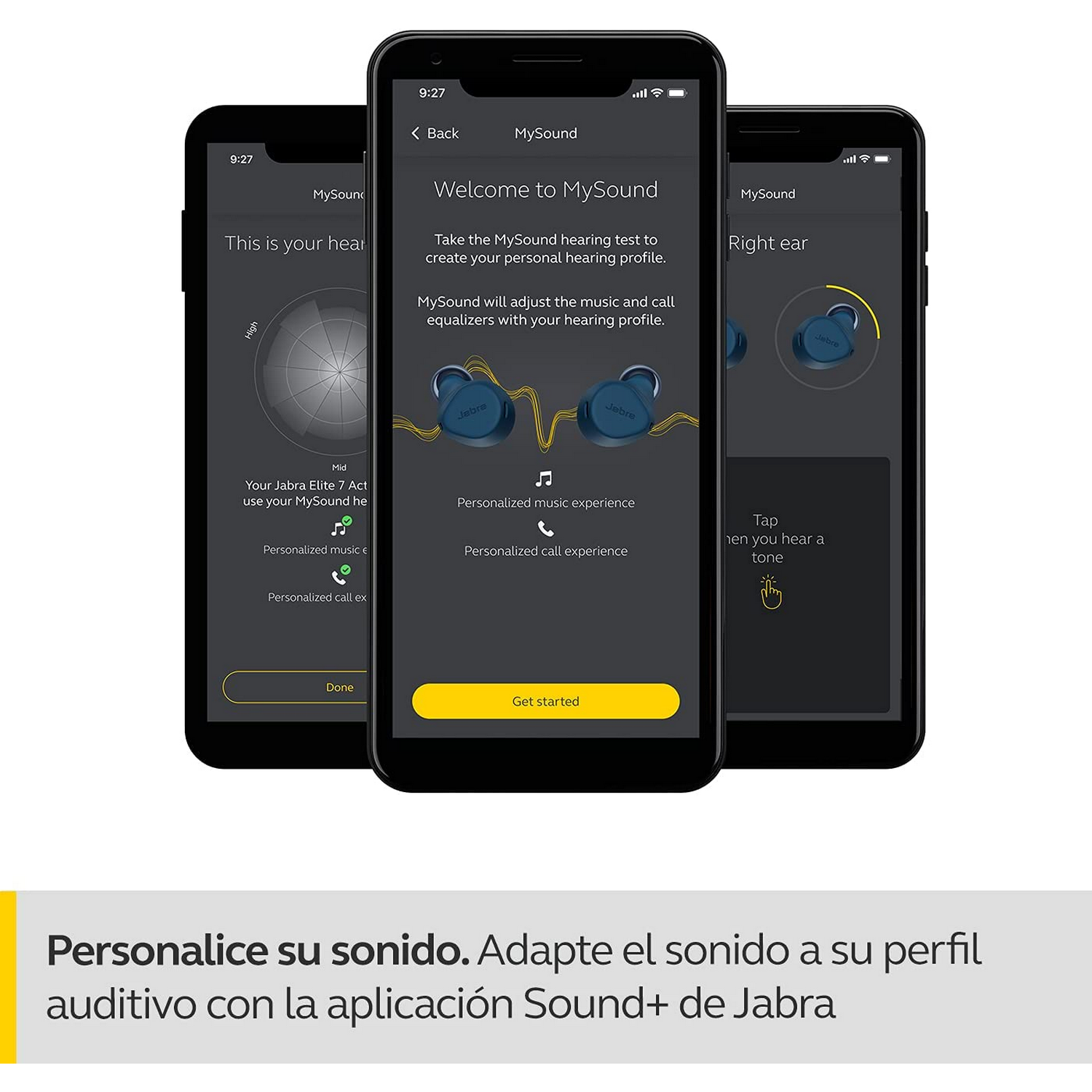 Tres teléfonos muestran la app Jabra MySound. El usuario prueba la audición y personaliza el sonido.