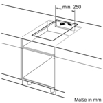 Diagramm, das ein Induktionskochfeld zeigt, Maße in mm und Pfeile.