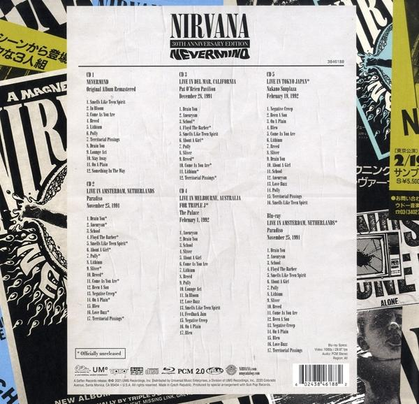 Rückseite eines Nirvana-Albums mit Titellisten und Albumdetails.