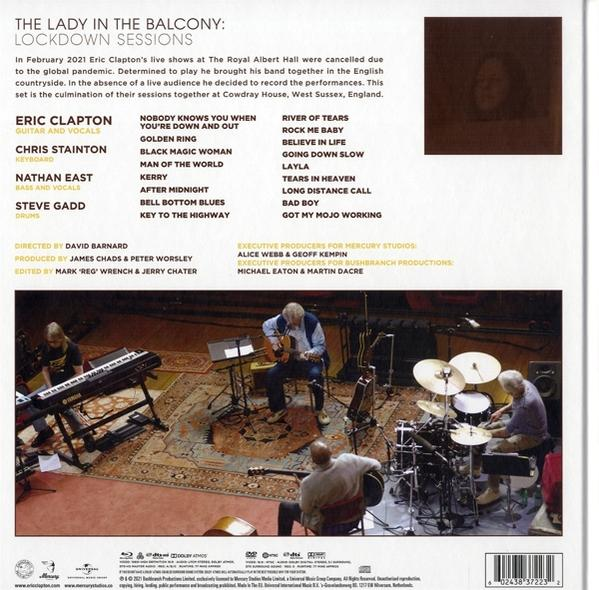 Egy zenei album hátlapja, melynek címe 'The Lady in the Balcony: Lockdown Sessions'. Eric Clapton.