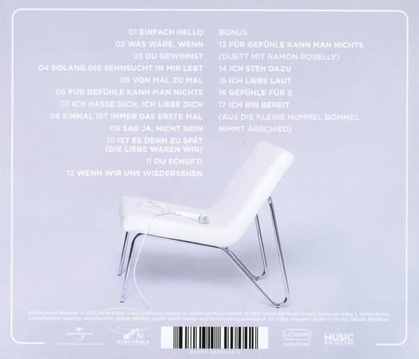 Rückseite einer CD mit Songtiteln und einem weißen Stuhl mit Kopfhörern.