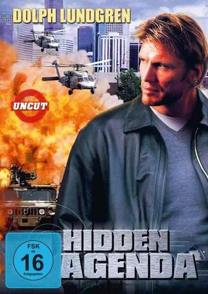 Filmplakat mit Dolph Lundgren. Hubschrauber und Explosionen im Hintergrund. Text: Hidden Agenda, Uncut, FSK 16.