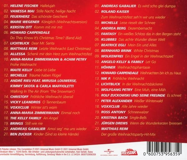 Ein CD-Cover mit einer Liste von Songs und Künstlernamen auf rotem Hintergrund.