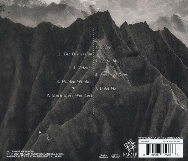 Albumcover. Schwarz-weißes Gebirge mit Text. Napalm Records Logo.