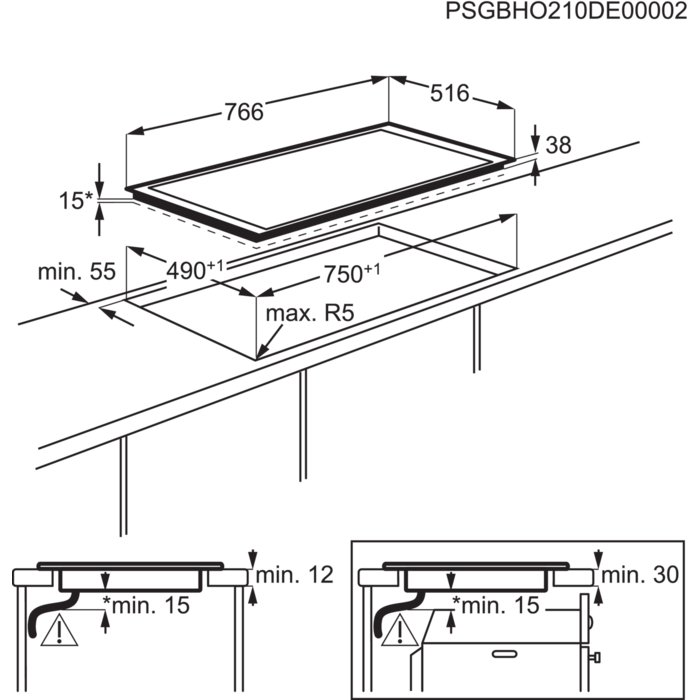 Schéma d'une table de cuisson électrique avec dimensions et coupes transversales, illustrant les détails d'installation.