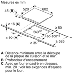 Diagramme montrant les dimensions, les mesures d'une table de cuisson ou d'une plaque de cuisson.