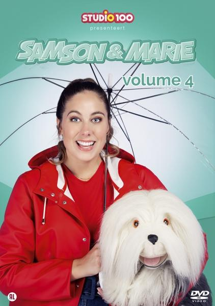 DVD-hoes: Vrouw met een poppenhond in een rode jas en paraplu. Groene achtergrond.