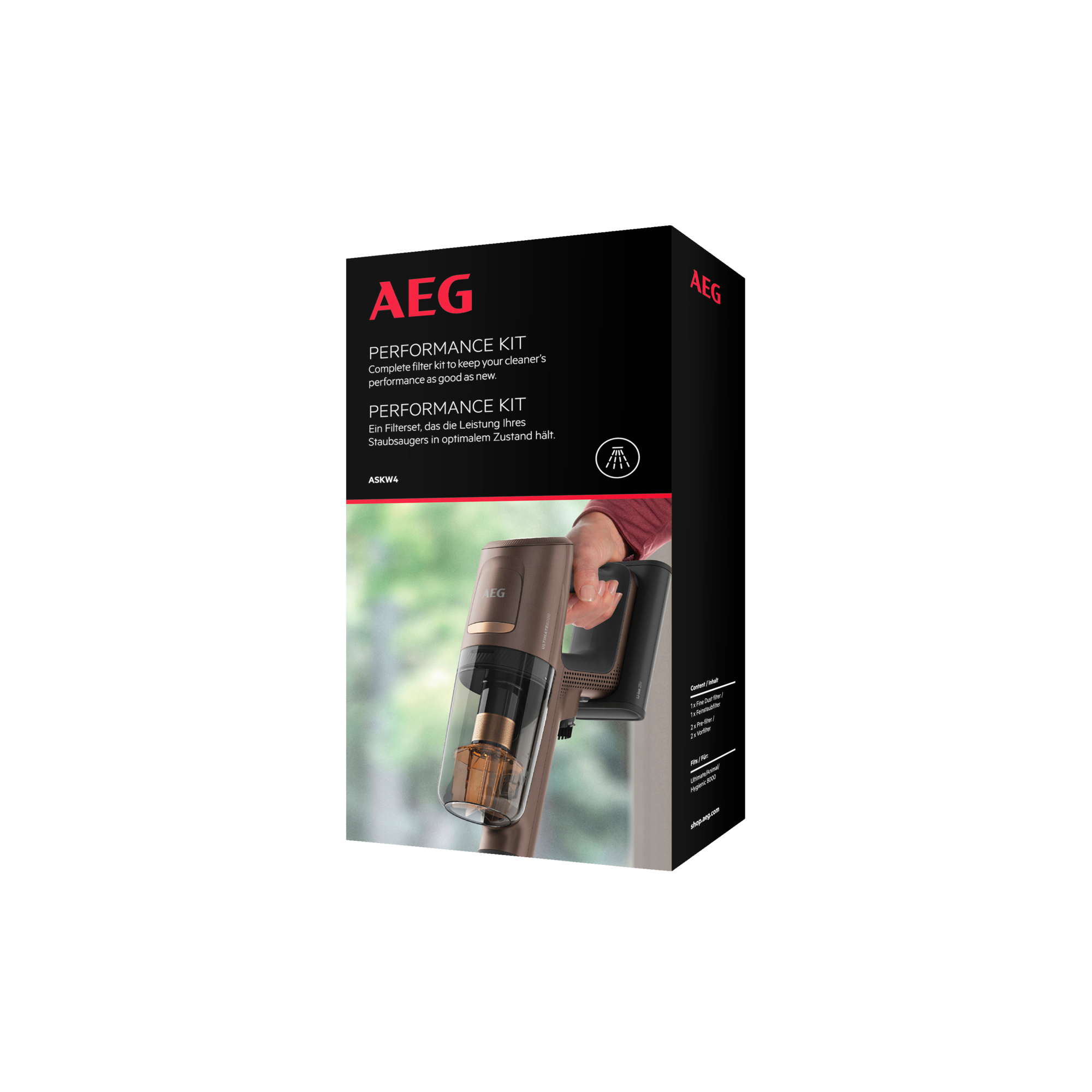 AEG Performance Kit Box mit Staubsauger, Details und Text.