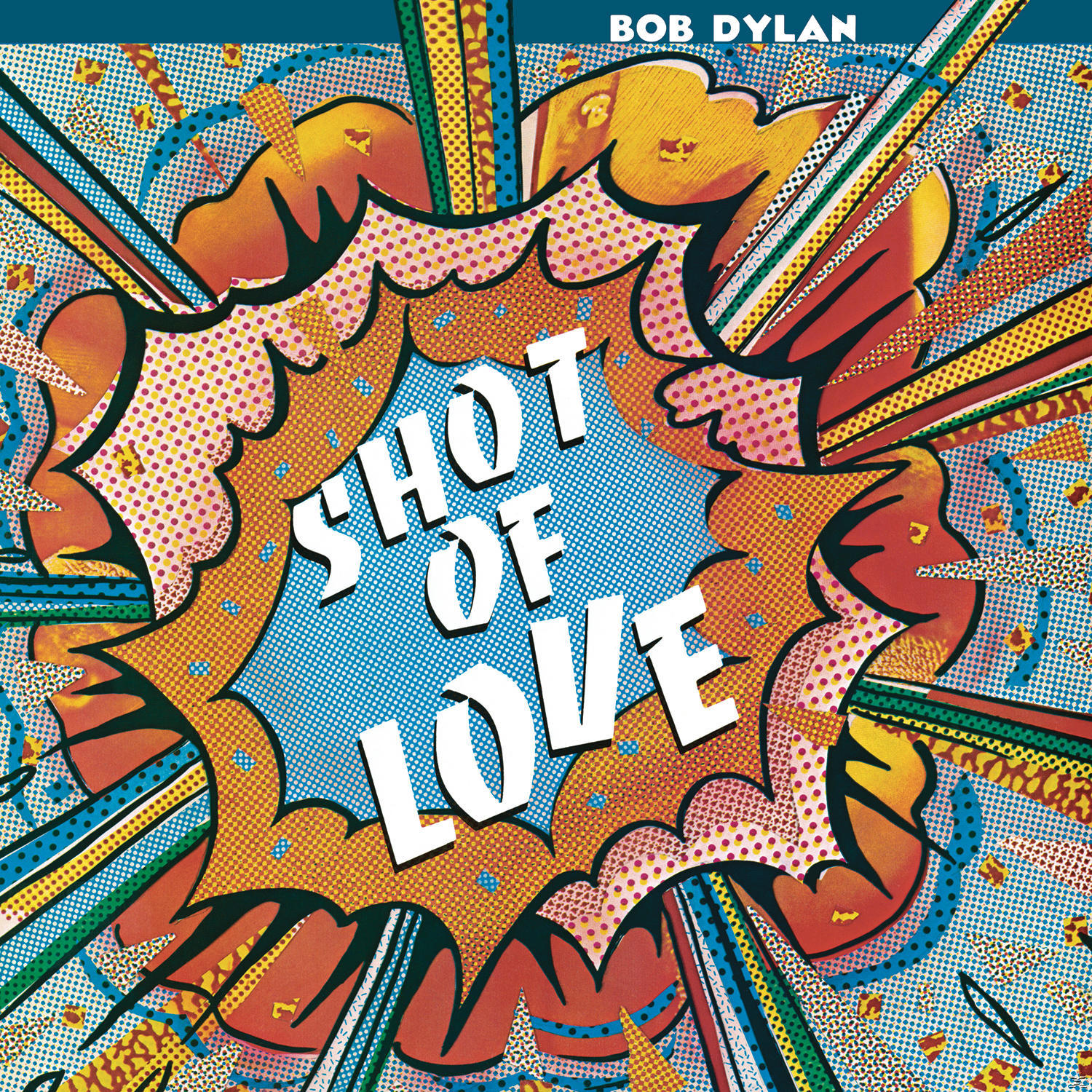 Bob Dylan 'Shot of Love' című albumának borítója képregény stílusú grafikával és szöveggel.