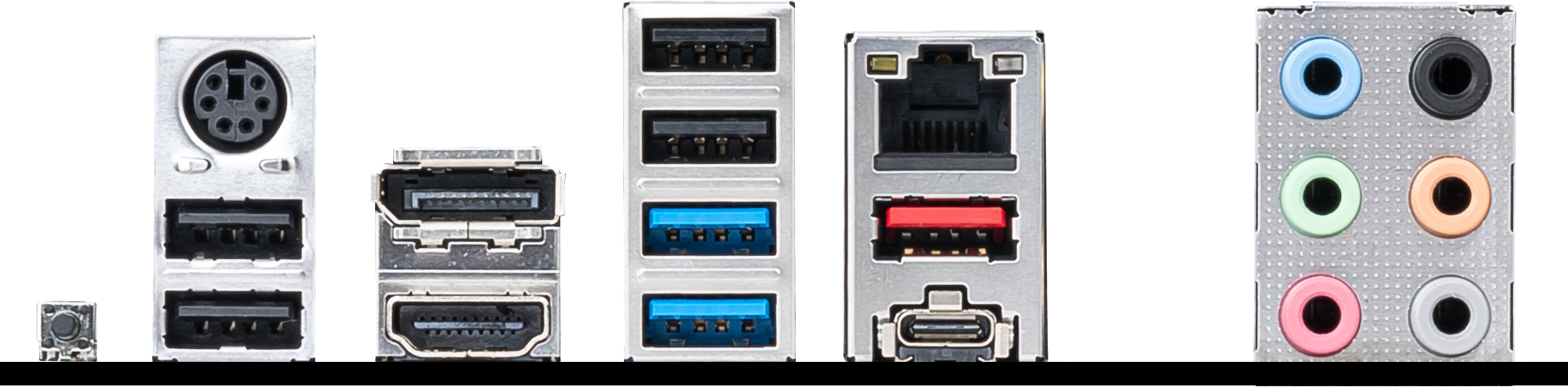 Nahaufnahme der Rückseite eines Computers mit verschiedenen Anschlüssen: USB, HDMI, Audio und Strom.