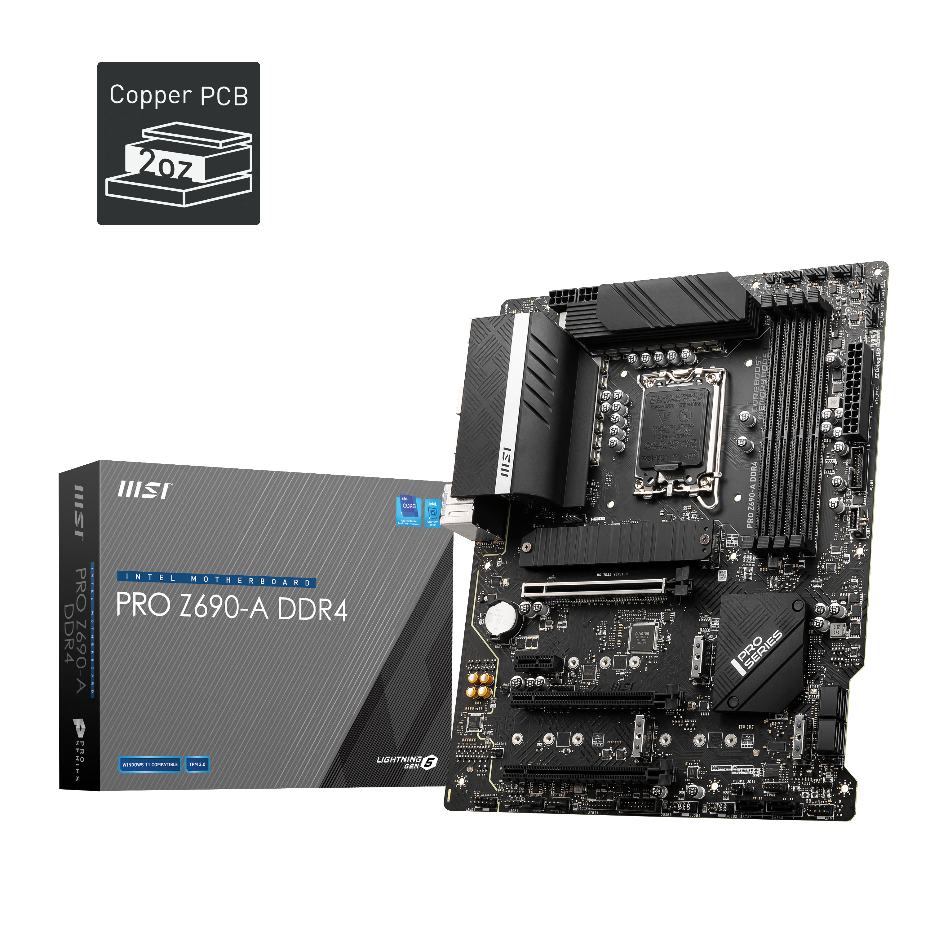 Ein schwarzes Motherboard mit einer Box. Die Box ist grau mit schwarzem Text. Die Platine ist schwarz und silber.