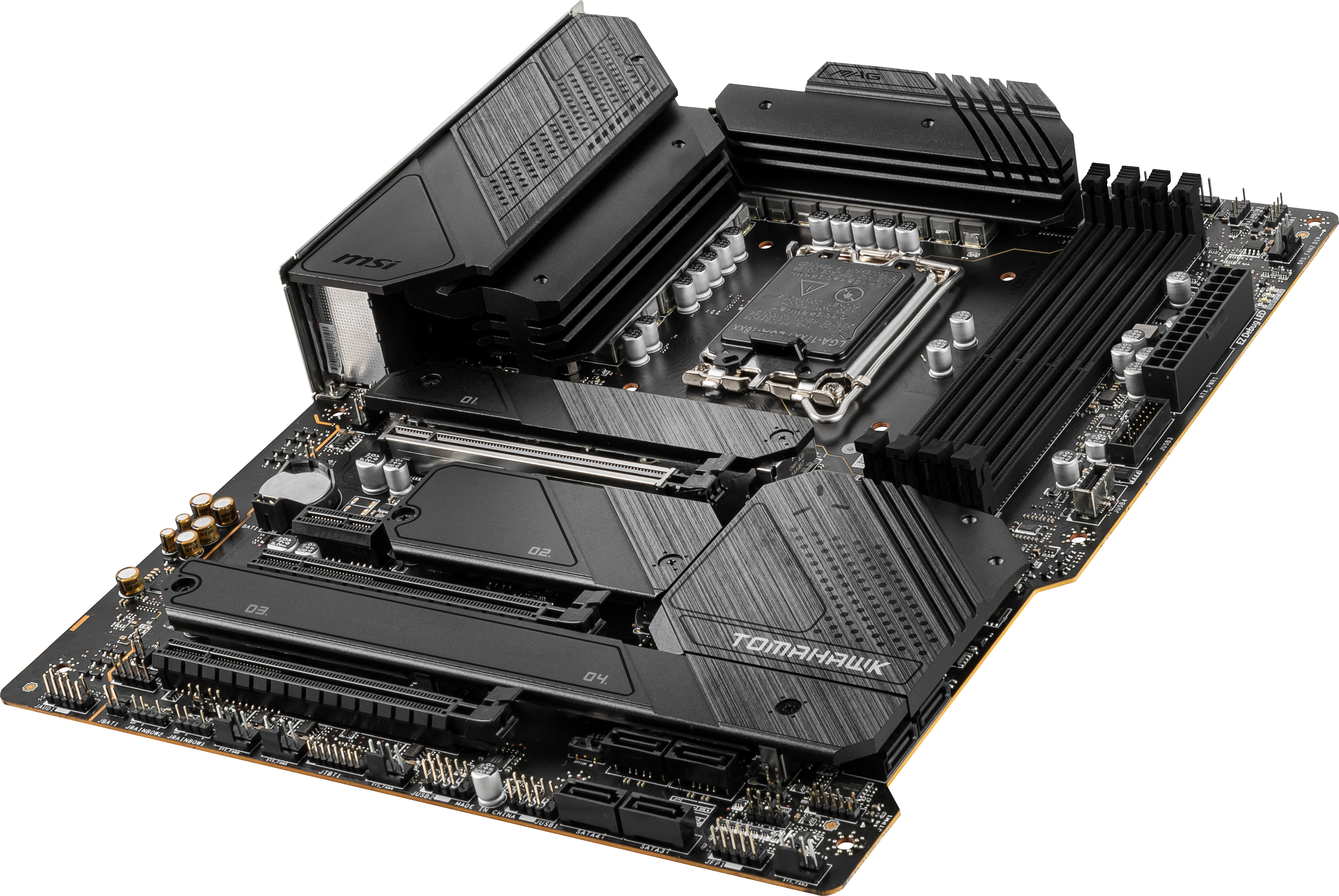 Schwarzes und graues MSI-Motherboard. Es ist eine Computerkomponente mit vielen Anschlüssen und Steckplätzen.
