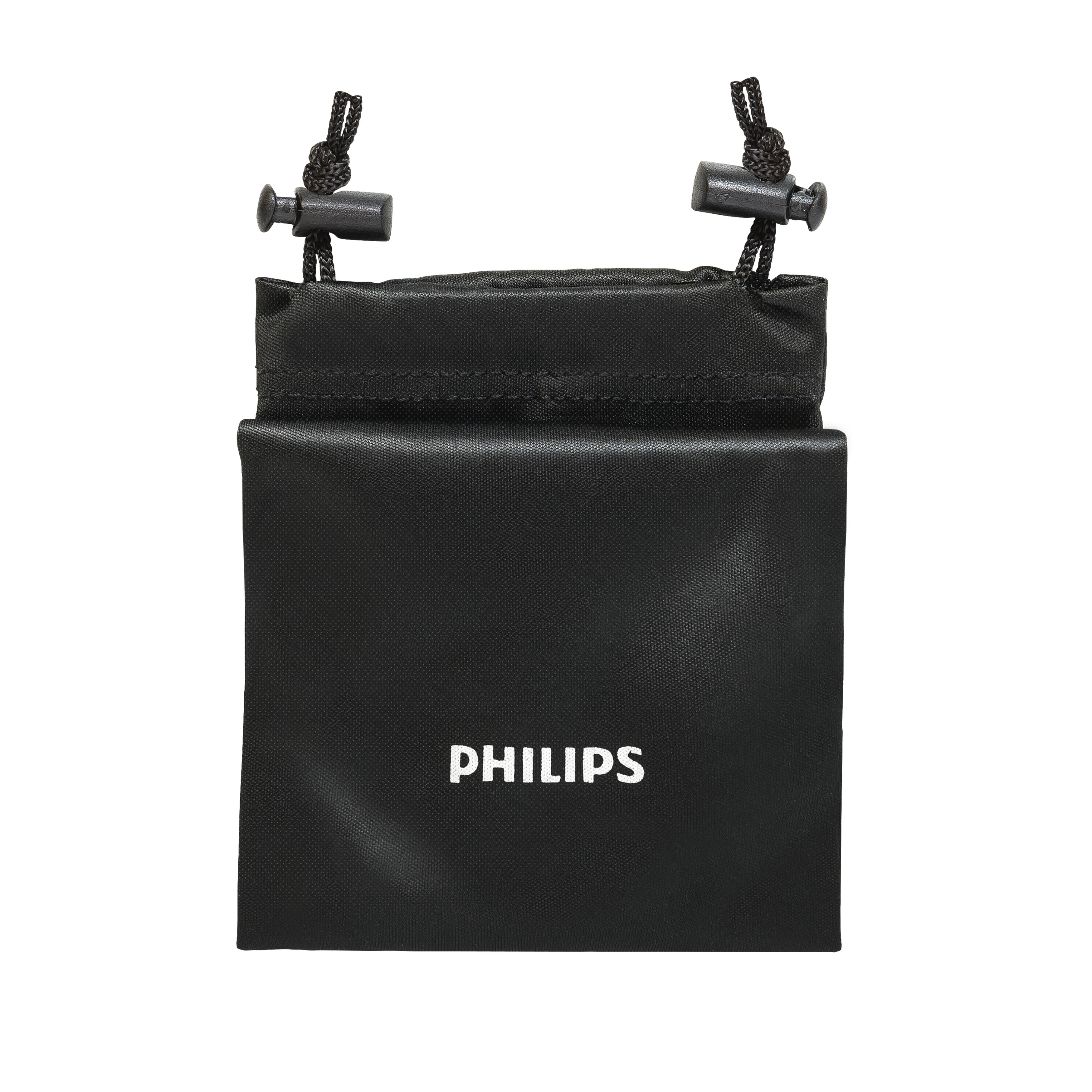 Schwarzer Beutel mit weißem Text 'PHILIPS' und Kordelzügen.