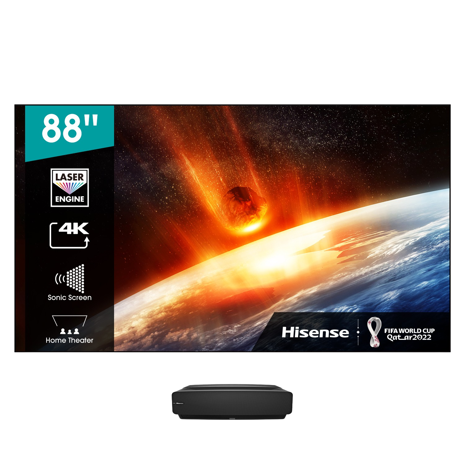Un televisor Hisense de 88 pulgadas que muestra una escena espacial con un meteoro y un planeta.