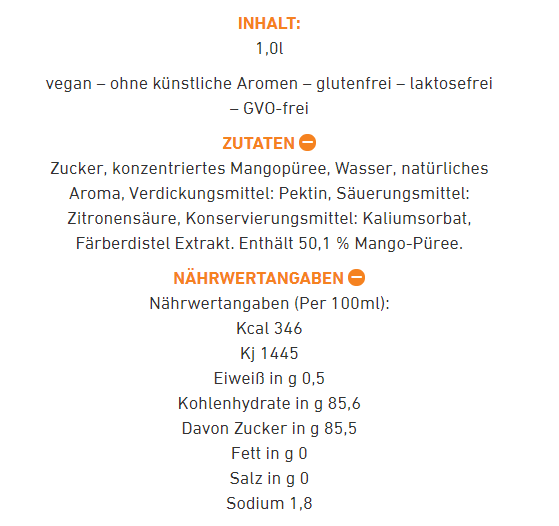 Ein Nährwertkennzeichnungsetikett mit Zutaten und Nährwertangaben für ein Produkt. Der Text ist auf Deutsch.