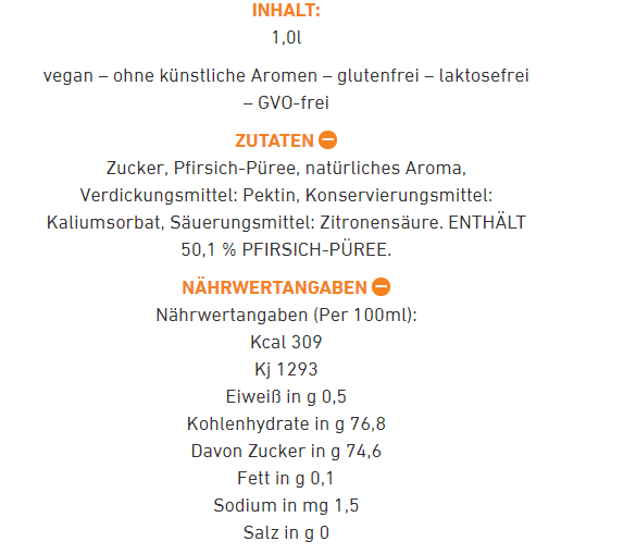Nährwertangaben. Text mit Zutaten, Nährwerten und weiteren Details eines Pfirsichsaftes.