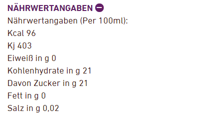 Nährwerttabelle. Details zu Makronährstoffen pro 100 ml.