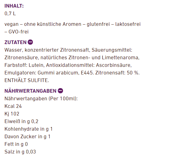 Text mit Nährwertangaben für ein Getränk, einschließlich Zutaten und Details.