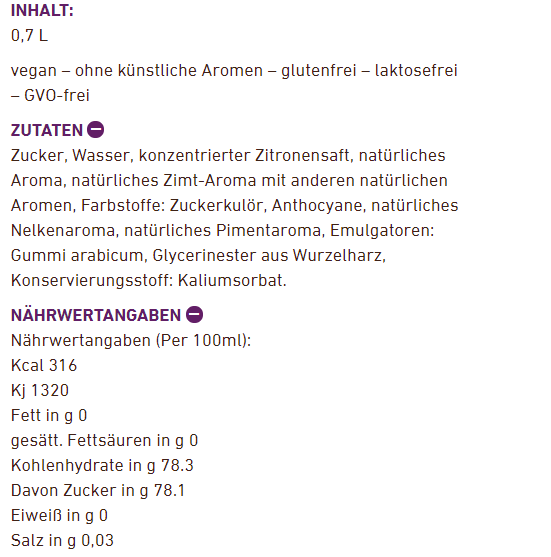Text: Zutaten eines Getränks. Enthält Zucker, Wasser, Zitronensaft, Zimt und andere Zutaten.