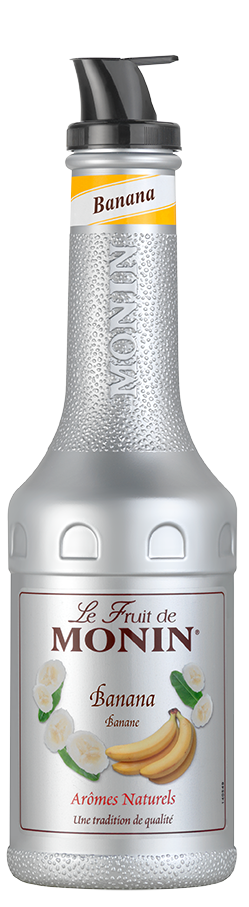 Silberne Monin Bananensirup-Flasche mit Etikett und Bananen-Illustrationen. Schwarzer Deckel, weißer Hintergrund.