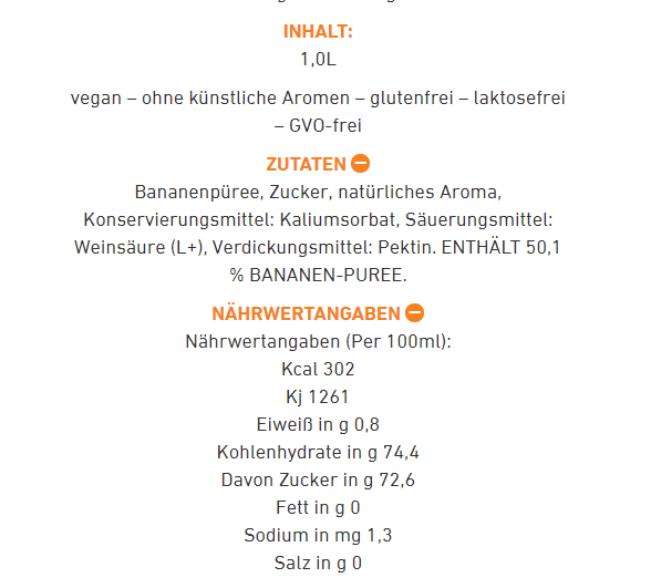 Nährwertangaben für ein veganes, gluten- und laktosefreies Produkt. Es enthält Bananenpüree.