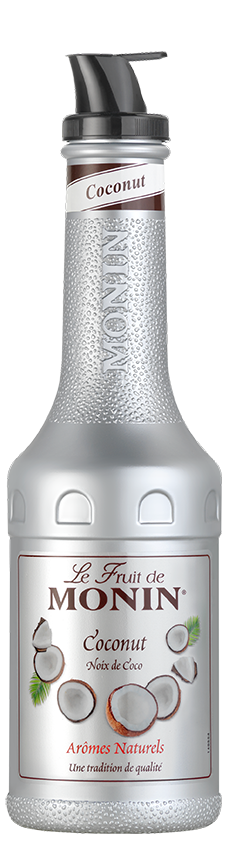 Eine silberne Flasche Kokossirup. Etikett: Le Fruit de Monin, Kokosnuss. Schwarze Kappe, weißes Etikett.