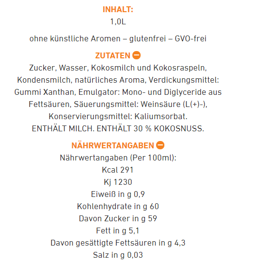 Nährwertkennzeichnung mit Zutaten und Nährwerten. Deutscher Text.