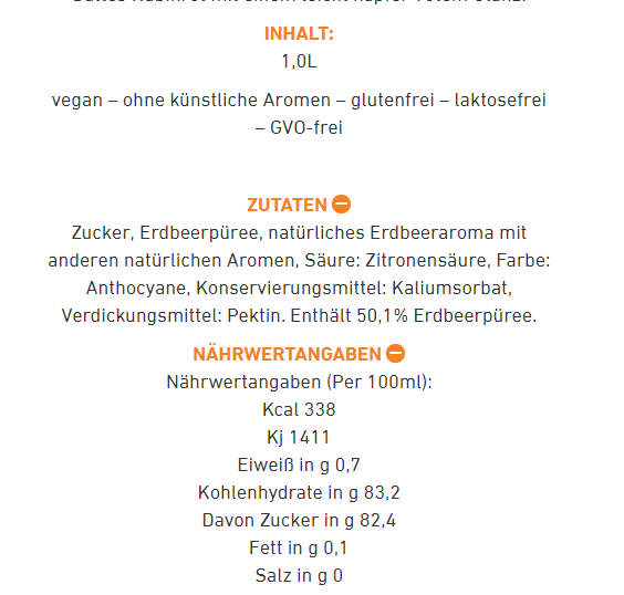 Nährwertangaben für einen Fruchtsaft mit Zutaten und Werten.
