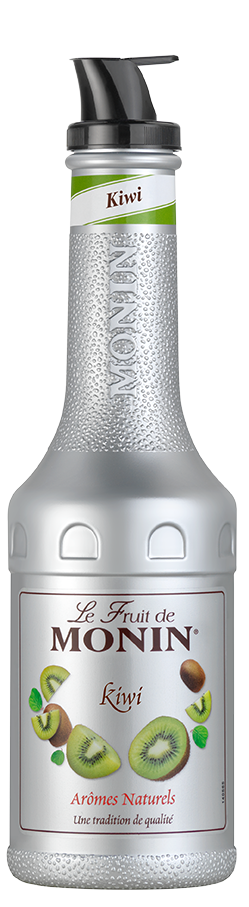 Monin Kiwi Sirup Flasche, silberfarben mit Kiwi-Frucht-Bildern und grünen Akzenten.