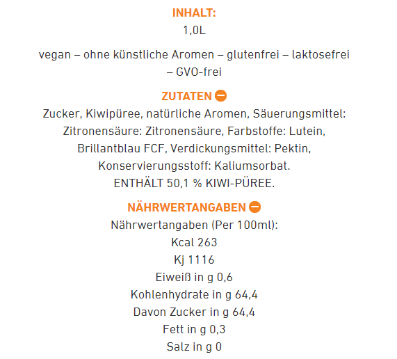 Nährwertkennzeichnung für ein Produkt mit Kiwipüree.