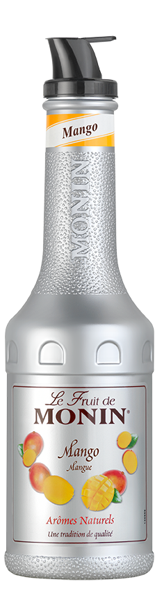 Hohe silberne Flasche Monin Mango Sirup mit Mango-Illustrationen und Text auf weißem Grund.