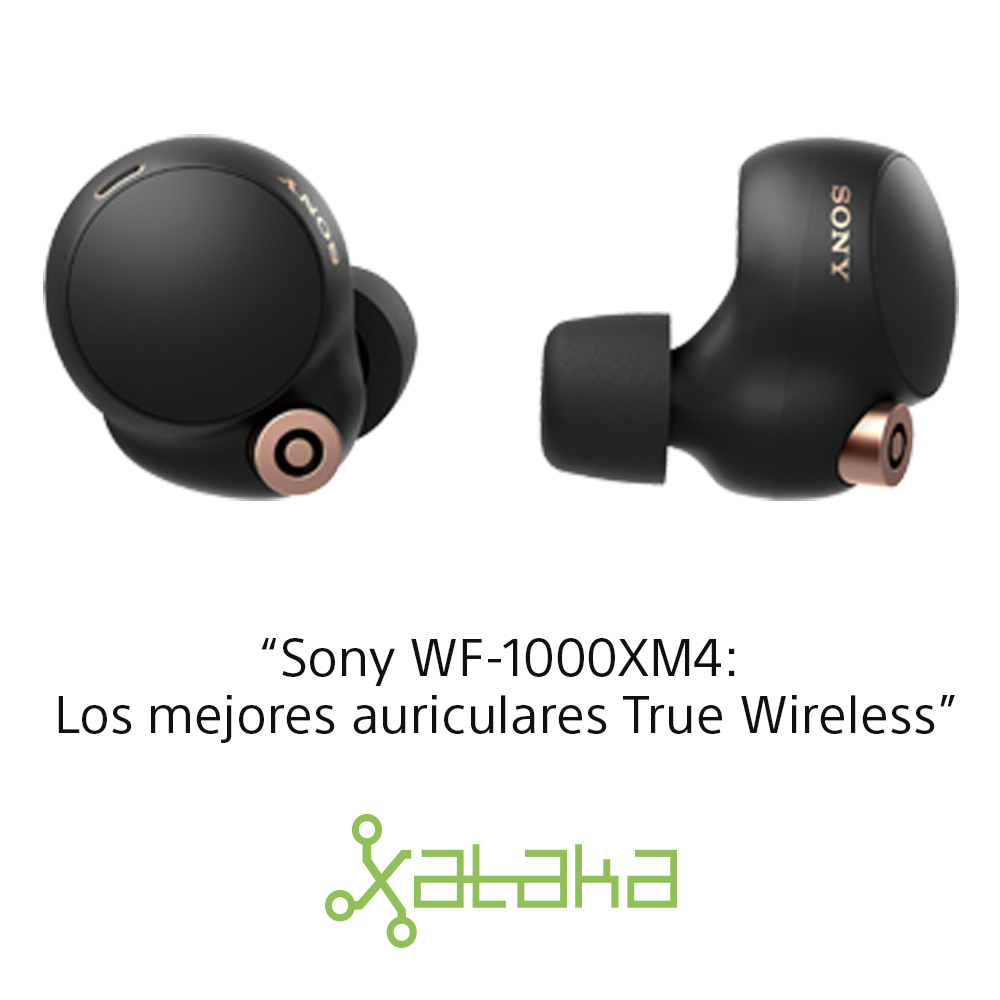 Auriculares Sony WF-1000XM4 negros. El texto dice 'Sony WF-1000XM4: Los mejores auriculares True Wireless'.