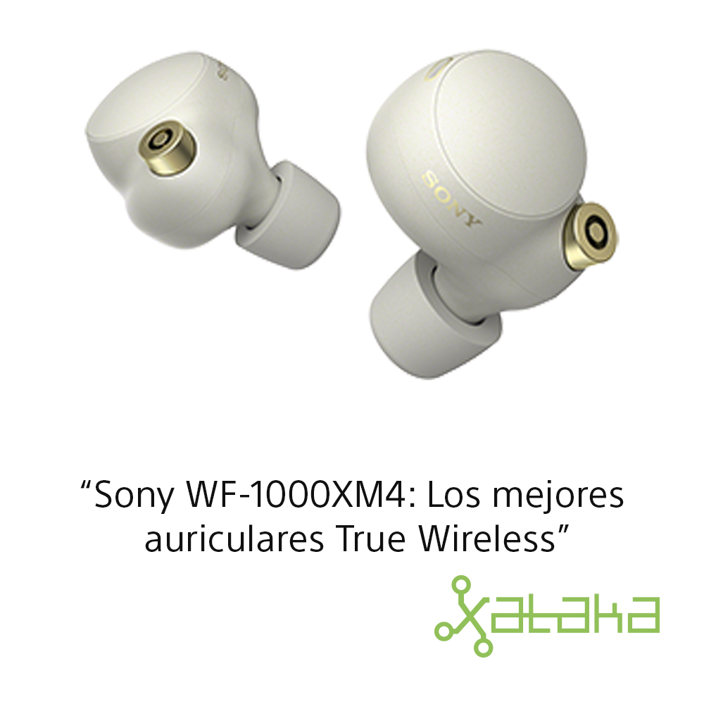 Dos auriculares Sony blancos con texto sobre fondo blanco.