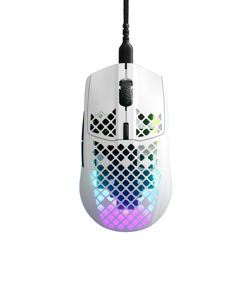 Petek tasarımına ve RGB aydınlatmaya sahip beyaz oyun faresi. Kablo ve standart düğmeler içerir.