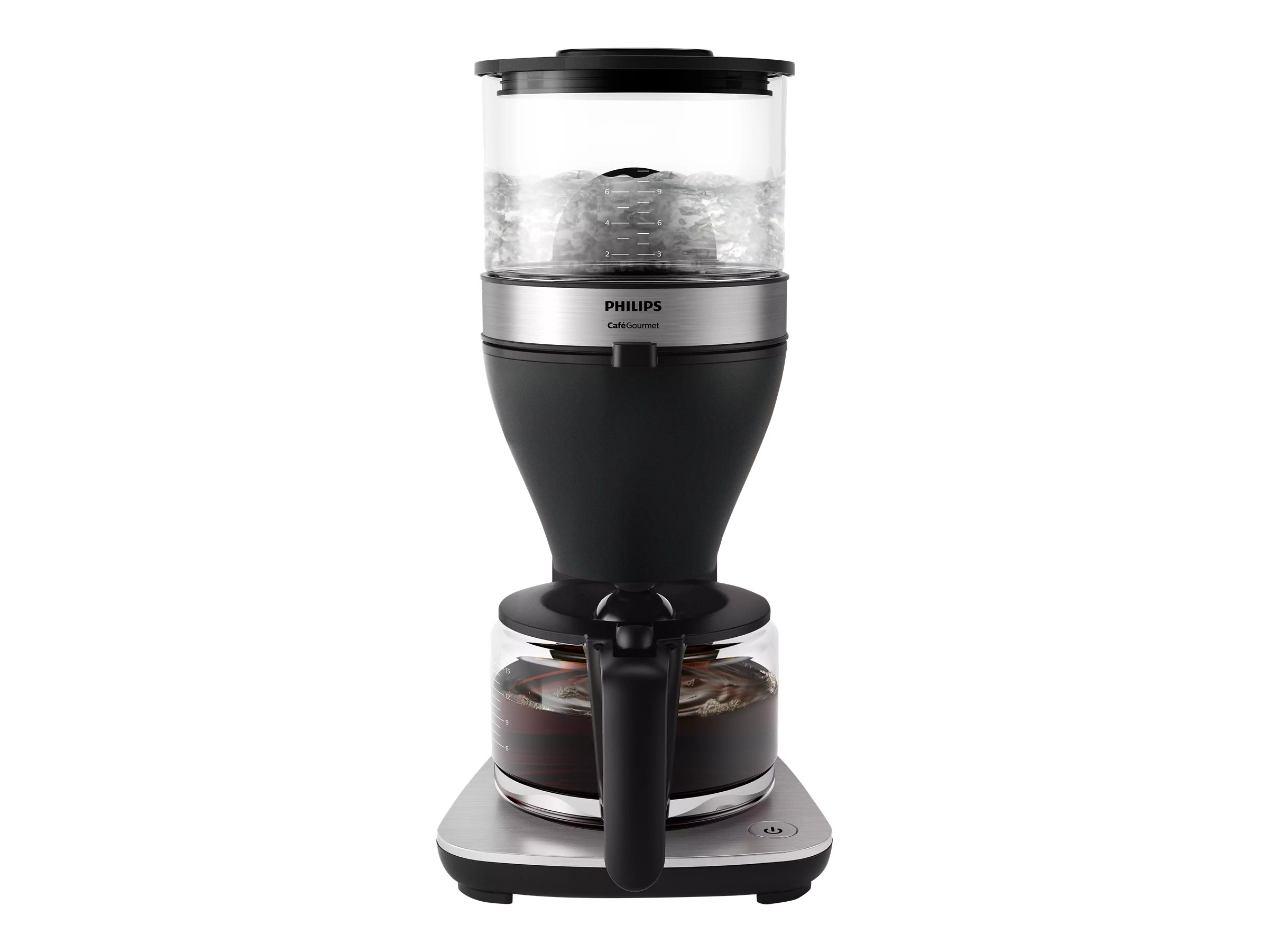 Schwarze und silberne Philips Kaffeemaschine. Sie hat einen Wasserbehälter und eine Glaskaraffe.