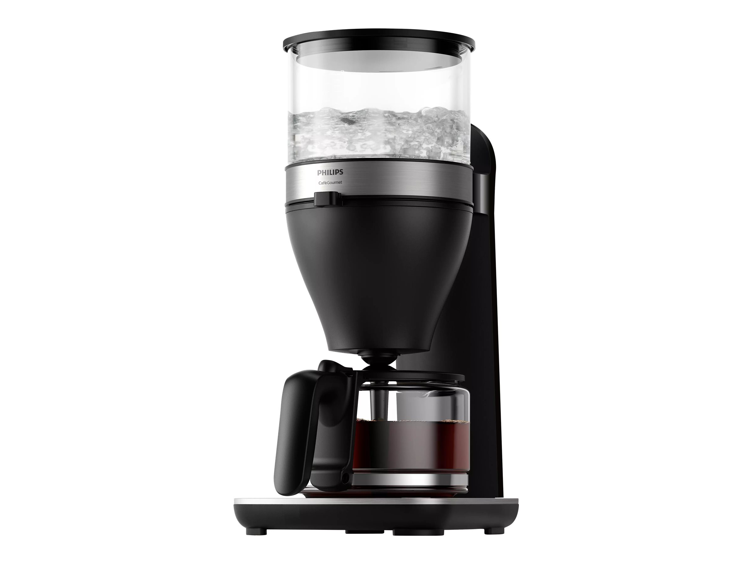 Eine schwarz-silberne Philips Kaffeemaschine auf weißem Hintergrund.