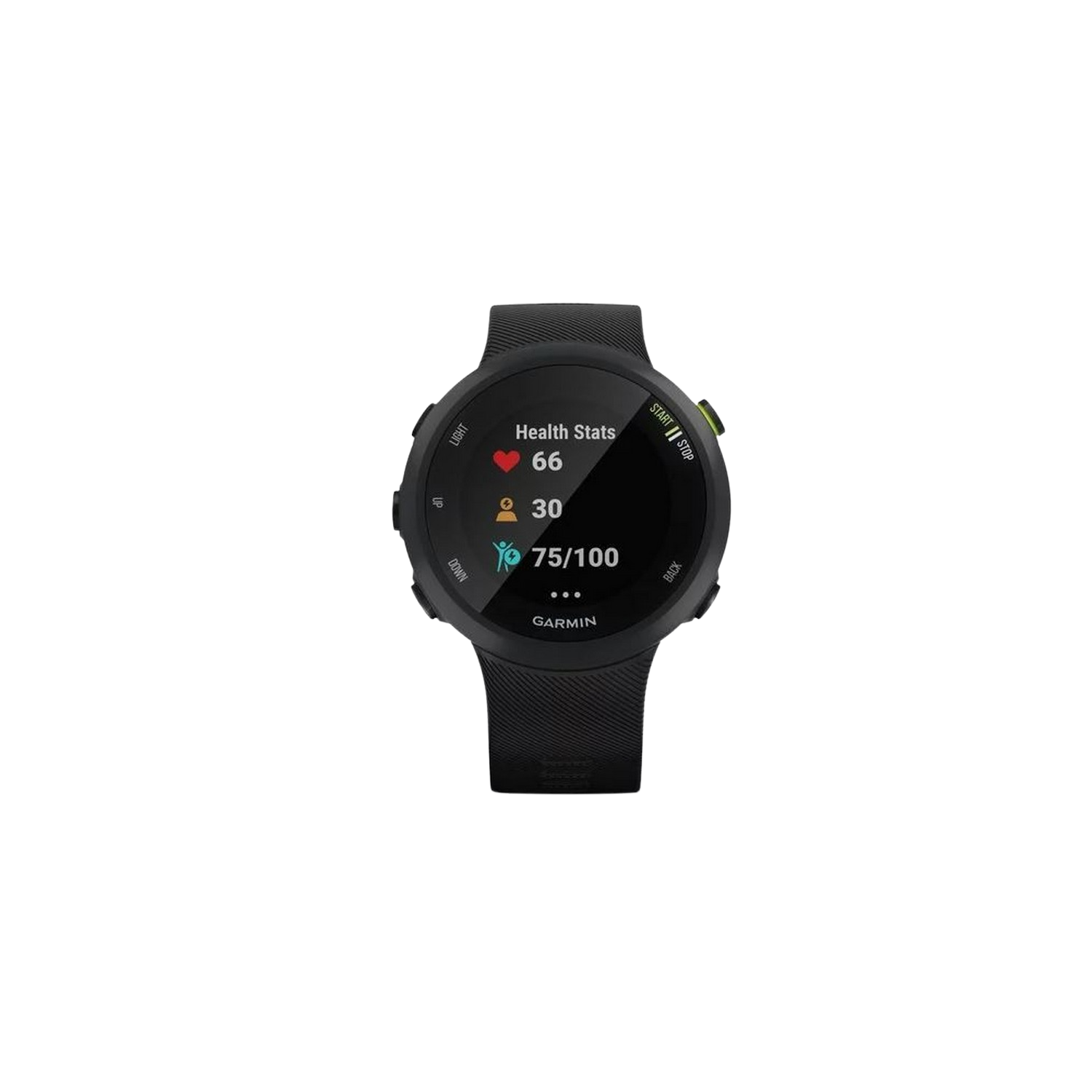 Smartwatch mostrando estadísticas de salud, incluyendo ritmo cardíaco y pasos, en fondo negro.