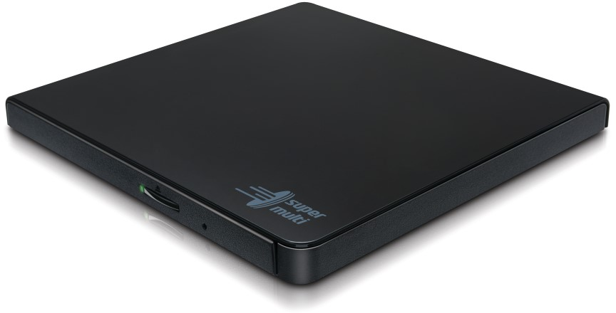Ein schwarzes quadratisches externes DVD-Laufwerk mit Logo oben.