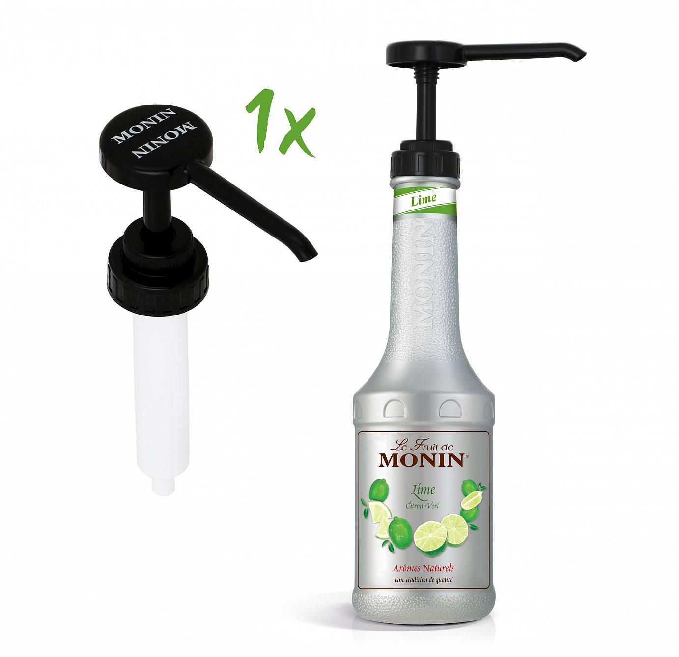 Eine silberne Flasche Limettensirup mit einem Pumpenspender.