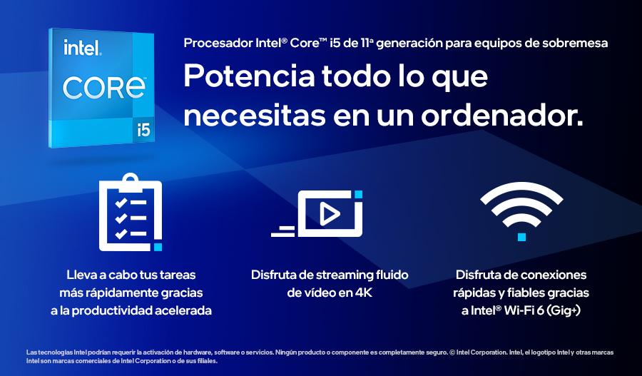Un anuncio de Intel Core i5 en español muestra un logo, gráficos y texto destacando las capacidades de PC.