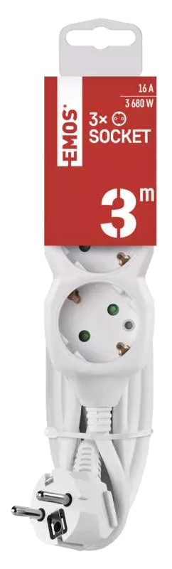 Fehér hosszabbító 3 aljzattal, piros címkével és dugóval fekete háttéren.