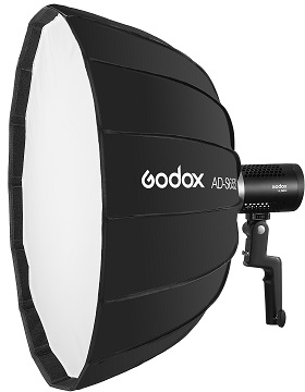 Schwarz-weißes Studiolicht mit Softbox. Godox-Marke, weißer Hintergrund.