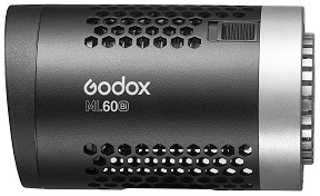 Ein schwarzes Godox ML60D Licht. Das Licht hat ein Wabendesign und ein silbernes Ende.