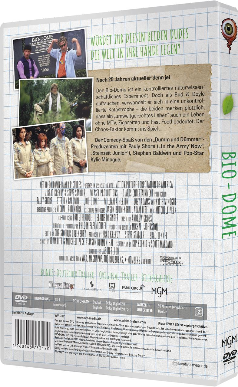 DVD-Hülle, Rückansicht. Zeigt Bilder und Text über einen Film namens Bio-Dome.