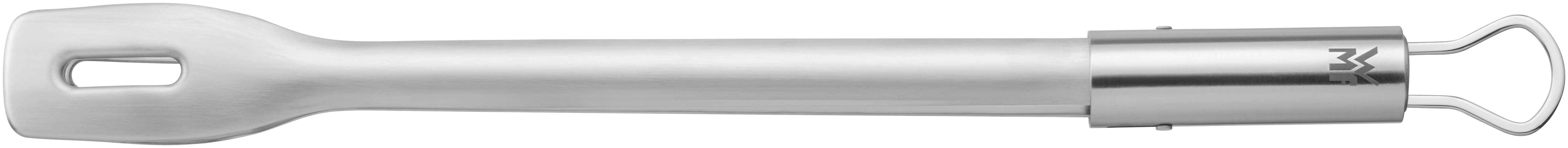 Silbernes Küchenwerkzeug aus Edelstahl. Es hat ein flaches Spatelende und eine Schlaufe am anderen Ende.