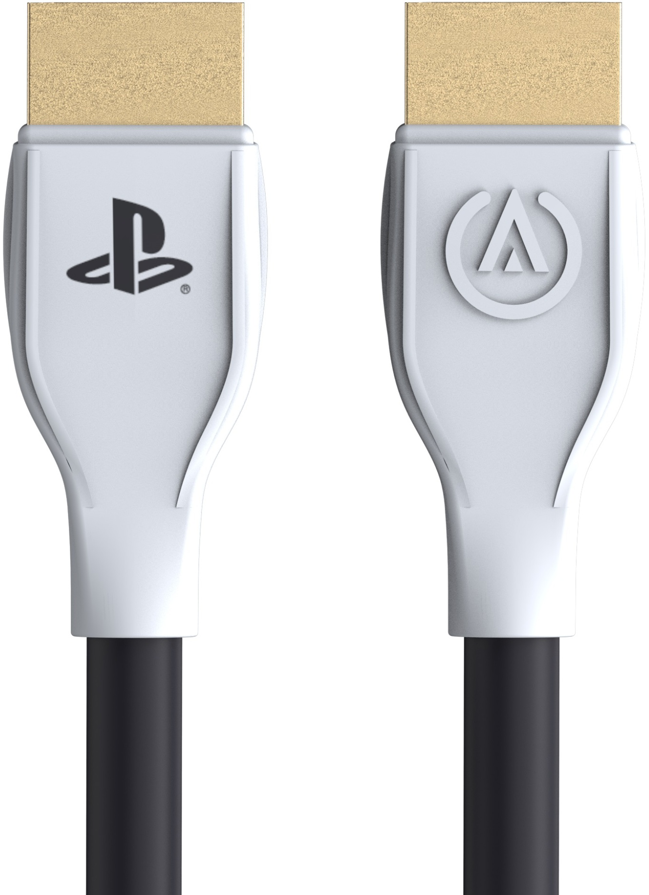 Câble HDMI avec extrémités blanches, logo PlayStation sur l'un et logo de l'entreprise sur l'autre.