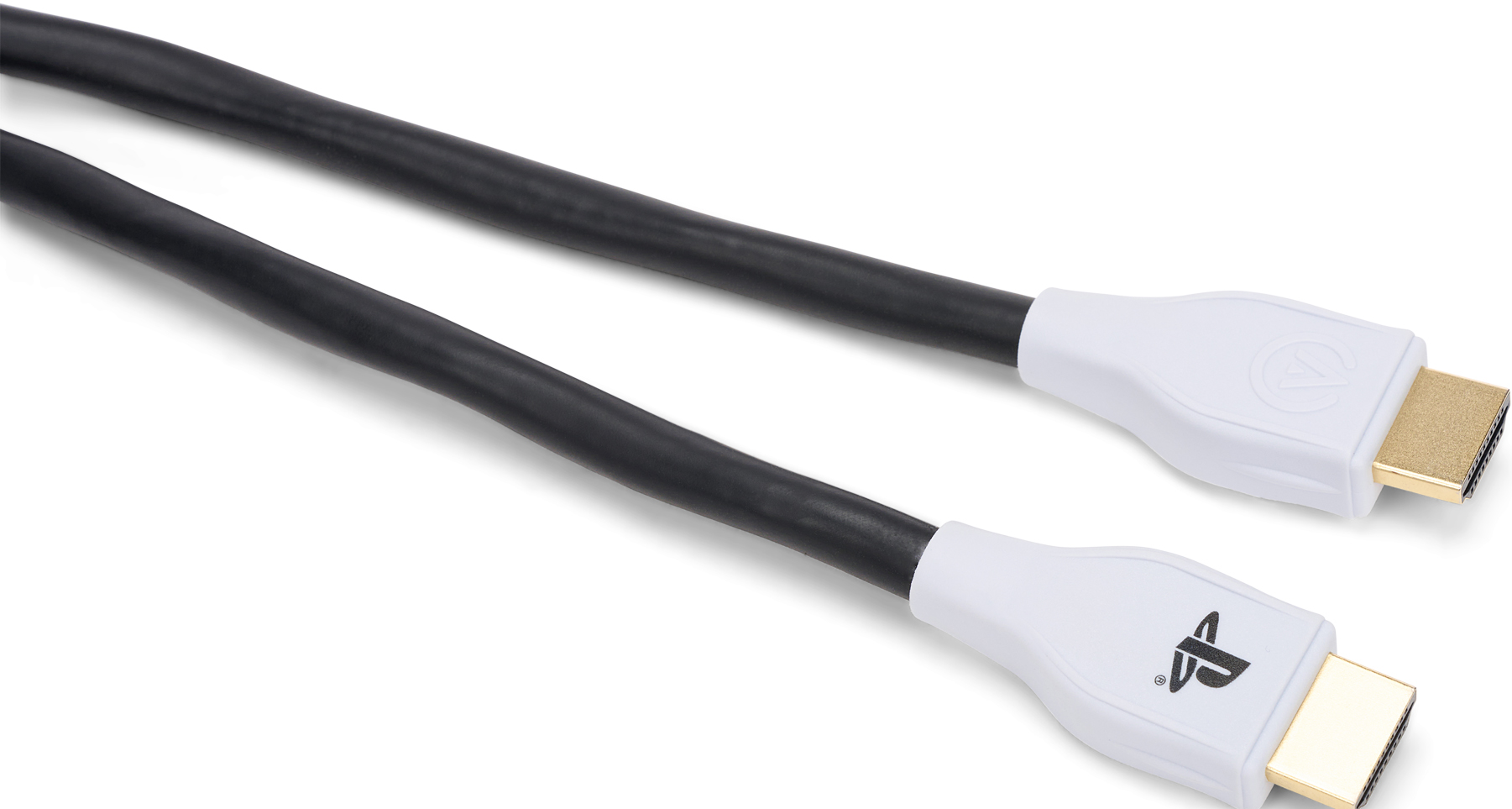 Câble HDMI noir et blanc avec connecteurs dorés. Le câble a un logo PlayStation.